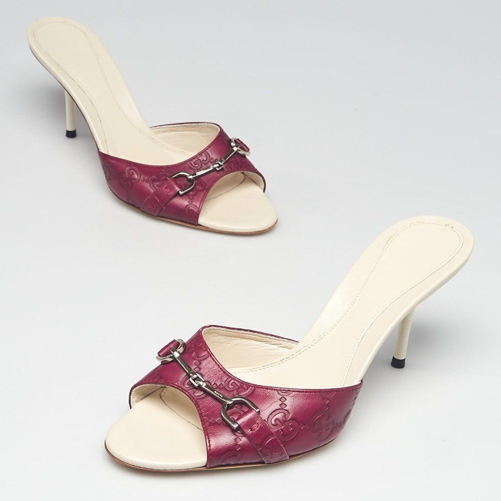 GUCCI Women's Purple Guccissima Leather Open-Toe Horsebit Mules Size 38C
